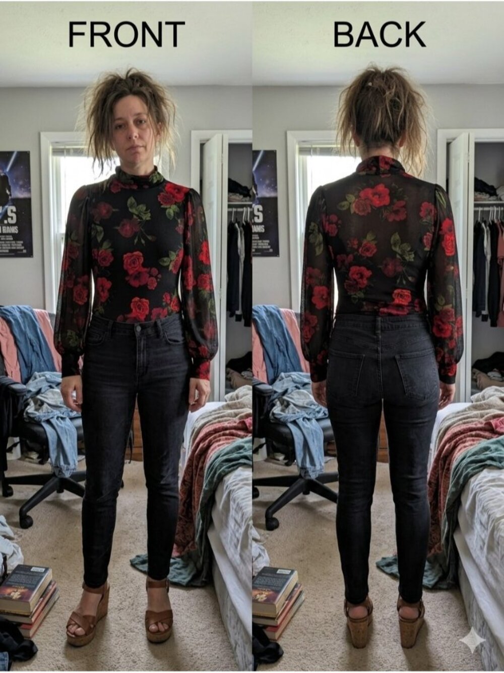 Ember Floral Bodysuit Women's Small S Black Red Rose Mock Neck Mesh Long Sleeves